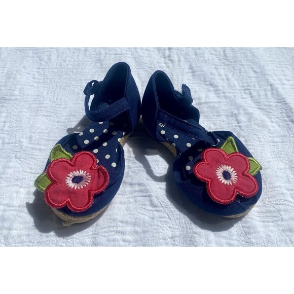 Gymboree Baby Girl Sz 5T Peep Toe Sandals Red Blooming Flower Blue Nautical - Picture 2 of 9